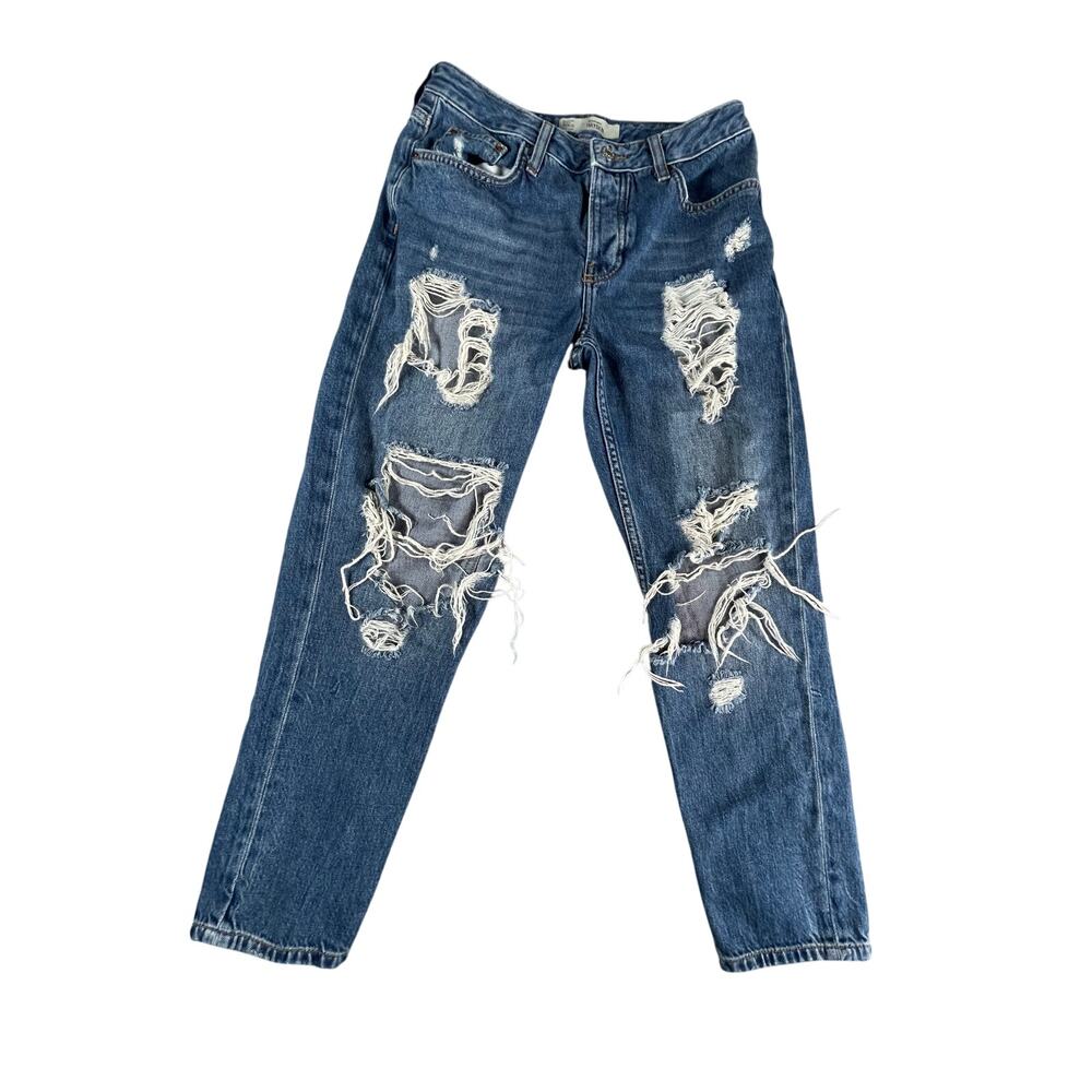 Topshop Moto Jeans Women 26 Blue Denim Hayden Straight Leg Distressed Ripped
